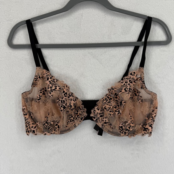 Victoria's Secret Low Cut Demi Bra 36D Leopard Floral Lace Sheer Lingerie - Picture 1 of 11